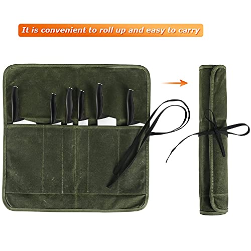 HRX Package Waxed Canvas Knife Roll, Portable Chef Knife Bag Carrying Case Small Butcher Knife Cutlery Carrier for Travel Camping