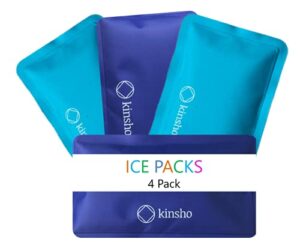kinsho ice packs for kids lunch box, bag and bento boxes, 4 pack set, reusable and refreezable soft slim pouches for travel, school, work or camping, long lasting cold, flexible | blue, turquoise…