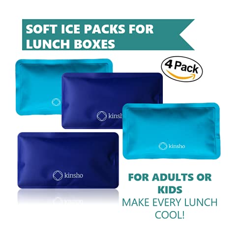 kinsho Ice Packs for Kids Lunch Box, Bag and Bento Boxes, 4 Pack Set, Reusable and Refreezable Soft Slim Pouches for Travel, School, Work or Camping, Long Lasting Cold, Flexible | Blue, Turquoise…