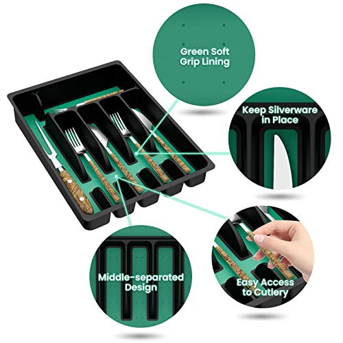 Sanduby Silverware Organizer, Expandable Silverware Tray for Drawer, 8 Compartments Cutlery Organizer in Drawer Silverware tray, No-Slip Large Utensil Drawer Organizer for Flatware, Black with Green