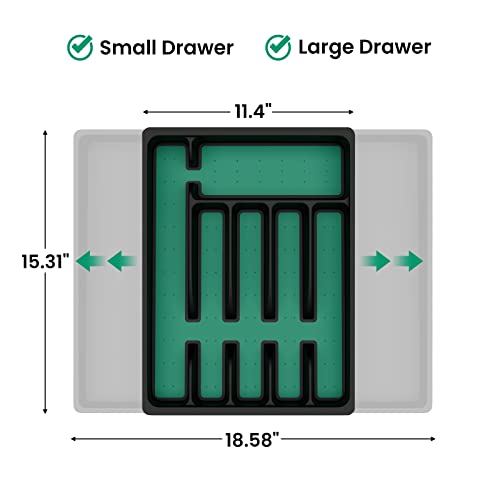 Sanduby Silverware Organizer, Expandable Silverware Tray for Drawer, 8 Compartments Cutlery Organizer in Drawer Silverware tray, No-Slip Large Utensil Drawer Organizer for Flatware, Black with Green