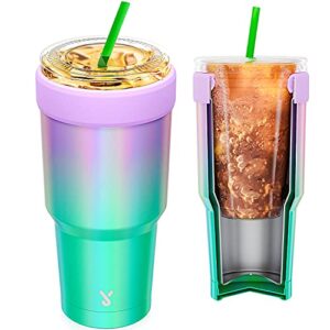meoky double wall stainless steel iced coffee sleeve reusable, one size fits all coffee sleeve for starbucks, dunkin donuts, mcdonalds (16-24oz, glitter lavender)