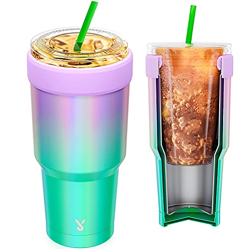 Meoky Double Wall Stainless Steel Iced Coffee Sleeve Reusable, One Size Fits All Coffee Sleeve for Starbucks, Dunkin Donuts, McDonalds (16-24oz, Glitter Lavender)