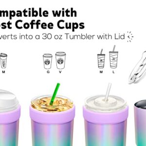 Meoky Double Wall Stainless Steel Iced Coffee Sleeve Reusable, One Size Fits All Coffee Sleeve for Starbucks, Dunkin Donuts, McDonalds (16-24oz, Glitter Lavender)