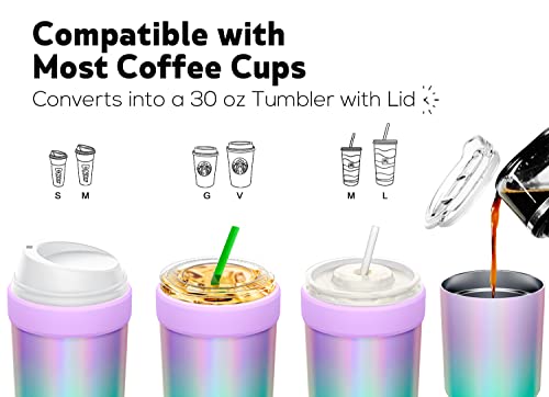 Meoky Double Wall Stainless Steel Iced Coffee Sleeve Reusable, One Size Fits All Coffee Sleeve for Starbucks, Dunkin Donuts, McDonalds (16-24oz, Glitter Lavender)