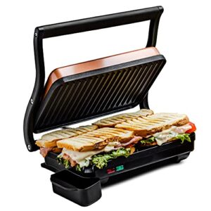 ovente electric indoor panini press grill with non-stick cooking plate, 1000w thermostat control and removable drip tray for easy clean, ideal 2-slice sandwich maker for breakfast, copper gp0620co