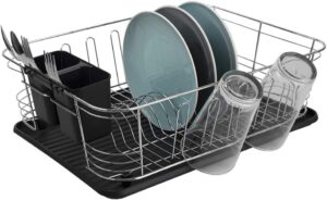 joey’z large black contempo 3 piece dish rack sink set with removable drainboard, cup holders & utensil holder – heavy duty chrome coated wire – 17.5″ x 13.5″ x 5.5″