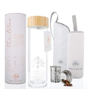 the lotus glass tea tumbler with strainer & infuser basket for loose leaf tea. leak-proof lid. bpa free. double-walled glass travel tea cup. 15 ounces