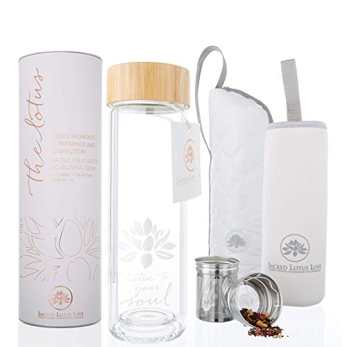 The Lotus Glass Tea Tumbler with Strainer & Infuser Basket for Loose Leaf Tea. Leak-Proof Lid. BPA Free. Double-Walled Glass Travel Tea Cup. 15 ounces