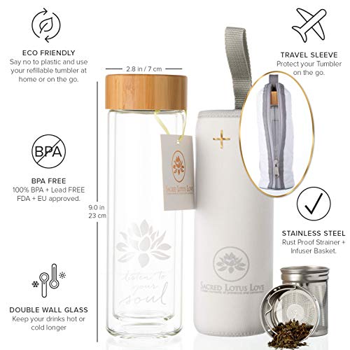 The Lotus Glass Tea Tumbler with Strainer & Infuser Basket for Loose Leaf Tea. Leak-Proof Lid. BPA Free. Double-Walled Glass Travel Tea Cup. 15 ounces