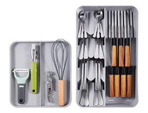 somier 3-in-1 kitchen drawer organizer flatware cutlery and utensil trays, 2-tier knife holder – 4 stacked compartments silverware tray – a removable divider for kitchen gadgets storage, gray