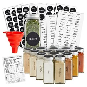 talented kitchen 14 pack glass spice jars with 269 spice labels, empty square spice bottles containers 4 oz with pour/sift shaker lid, spice organization and storage (water resistant)