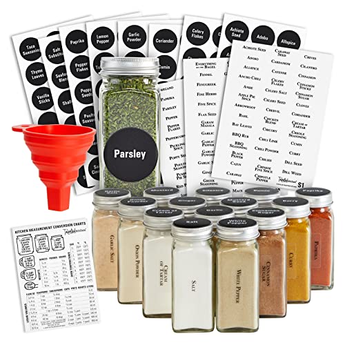 Talented Kitchen 14 Pack Glass Spice Jars with 269 Spice Labels, Empty Square Spice Bottles Containers 4 oz with Pour/Sift Shaker Lid, Spice Organization and Storage (Water Resistant)