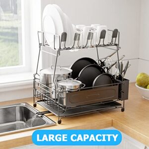 2 in 1 Kitchen Dish Drying Rack, 2-Tier Dish Rack for Kitchen Counter with Drainboard, Stainless Steel Large Capacity Dishrack, Multifunctional Rustproof Dish Drainer, Black