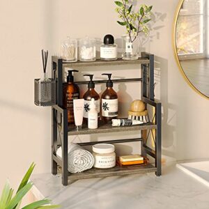 Rolanstar Spice Rack Organizer with Wire Basket, 3-Tier Kitchen Shelf, Wooden Spice Organizer with 2 Hooks, Countertop Bathroom Storage Shelf, Seasoning Rack, Grey