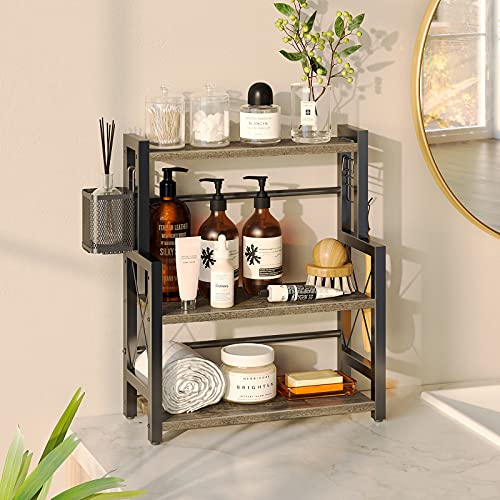 Rolanstar Spice Rack Organizer with Wire Basket, 3-Tier Kitchen Shelf, Wooden Spice Organizer with 2 Hooks, Countertop Bathroom Storage Shelf, Seasoning Rack, Grey