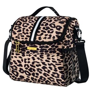 women insulated lunch bag,large lunch tote bag with detachable shoulder strap and buckle handle leopard