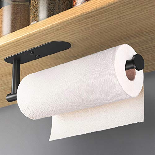 HUFEEOH Adhesive Paper Towel Holder Under Cabinet Wall Mount for Kitchen Paper Towel, Paper Towel Roll Rack for Bathroom Towel, SUS304 Stainless Steel (13inch, Black)