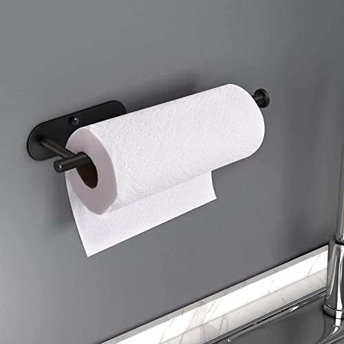 HUFEEOH Adhesive Paper Towel Holder Under Cabinet Wall Mount for Kitchen Paper Towel, Paper Towel Roll Rack for Bathroom Towel, SUS304 Stainless Steel (13inch, Black)