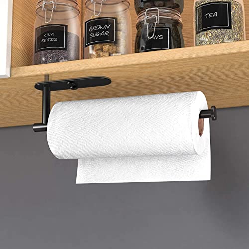 HUFEEOH Adhesive Paper Towel Holder Under Cabinet Wall Mount for Kitchen Paper Towel, Paper Towel Roll Rack for Bathroom Towel, SUS304 Stainless Steel (13inch, Black)