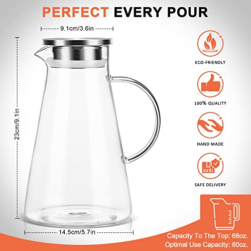 SUSTEAS 2.0 Liter 68oz Glass Pitcher with Lid, Easy Clean Heat Resistant Glass Water Carafe with Handle for Hot/Cold Beverages - Water, Cold Brew, Iced Tea & Juice, 1 Free Long-Handled Brush Included