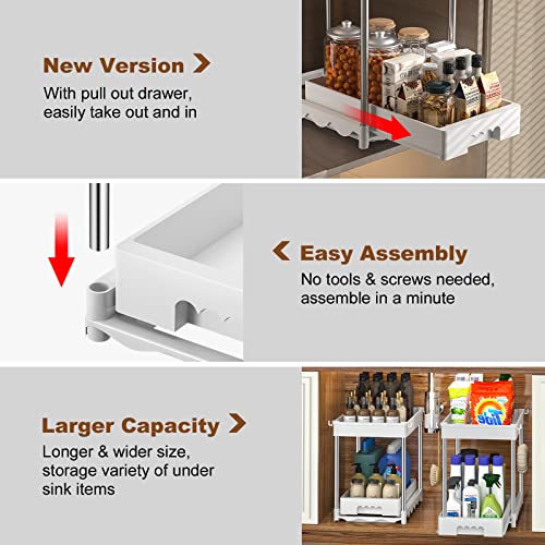 2 Pack Under Sink Organizers and Storage with Sliding Storage Drawer, DUSASA 2 Tier Bathroom Sliding Under The Sink Organizers with Hooks Multi-Usage sink for Bathroom Kitchen & Cabinet White