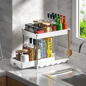 2 Pack Under Sink Organizers and Storage with Sliding Storage Drawer, DUSASA 2 Tier Bathroom Sliding Under The Sink Organizers with Hooks Multi-Usage sink for Bathroom Kitchen & Cabinet White