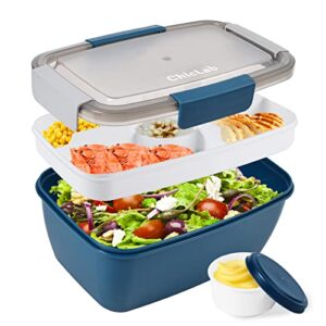 chiclab large salad lunch box adult – with 68-oz salad bowl, 5-compartment tray, 3-oz sauce container, reusable spork & bpa-free