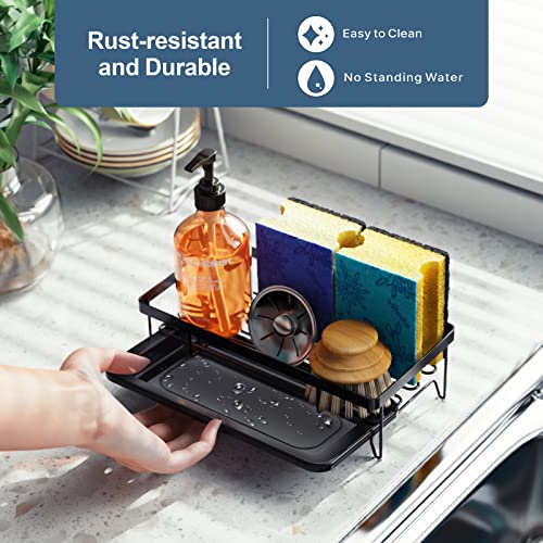 iSPECLE Kitchen Sink Caddy Sponge Holder Kitchen Sink Caddy Organizer, Brush Holder Drainer with Removable Drain Tray, Dish Soap and Sponge Holder Storage Kitchen Accessories, Black