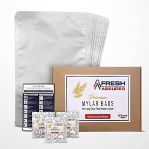 fresh assured | 25-pack 5 gallon mylar bags with oxygen absorbers (30 x 2000cc) | 7 mil | bpa free | long-term food storage container sets
