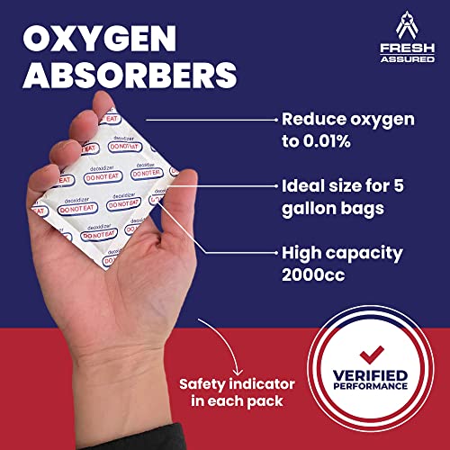 Fresh Assured | 25-Pack 5 Gallon Mylar Bags with Oxygen Absorbers (30 x 2000cc) | 7 mil | BPA Free | Long-Term Food Storage Container Sets