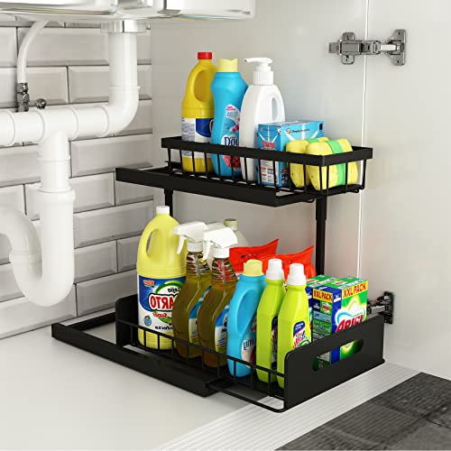 Under Sink Organizer, REALINN 2-Tier Pull Out Cabinet Organizer Under Kitchen Sink Organizer, Under Cabinet Storage Multi-Use for Bathroom Laundry Kitchen