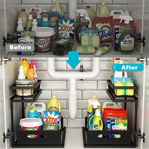 Under Sink Organizer, REALINN 2-Tier Pull Out Cabinet Organizer Under Kitchen Sink Organizer, Under Cabinet Storage Multi-Use for Bathroom Laundry Kitchen