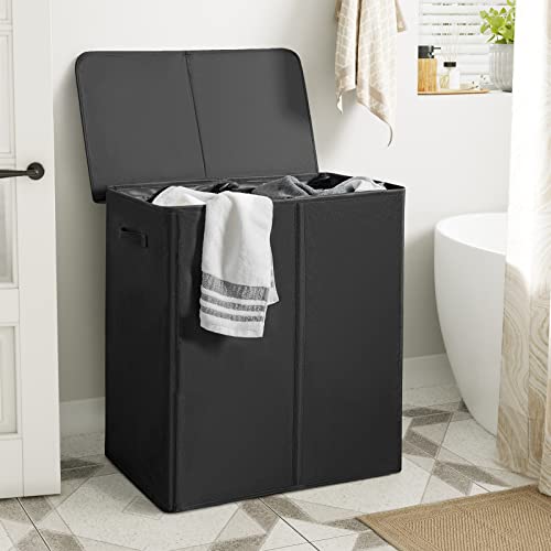 WOWLIVE 154L Double Laundry Hamper with Lid and Removable Laundry Bags, Large Dirty Clothes Hamper 2 section Collapsible Laundry Basket Dorm Room Storage for Bedroom, Bathroom, College, Black