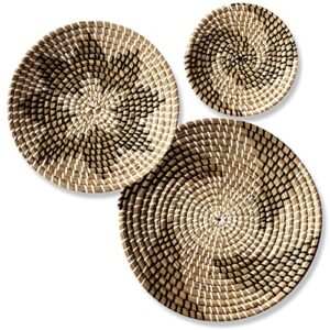 set of 3 decorative wall basket – boho hand woven rattan hanging decor round flat wicker baskets for home living room housewarming gift