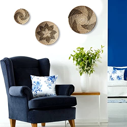 Set of 3 Decorative Wall Basket - Boho Hand Woven Rattan Hanging Decor Round Flat Wicker Baskets for Home Living Room Housewarming Gift