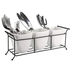 bekith 3-piece ceramic flatware caddy with metal rack, utensil holder silverware caddy cutlery organizer, white