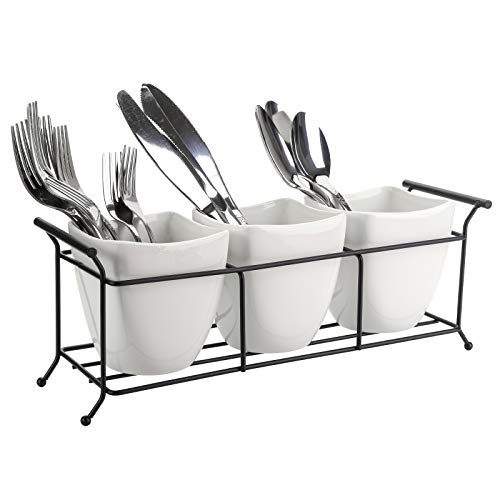 Bekith 3-Piece Ceramic Flatware Caddy with Metal Rack, Utensil Holder Silverware Caddy Cutlery Organizer, White