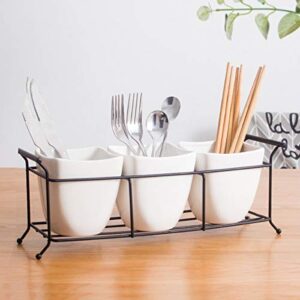 Bekith 3-Piece Ceramic Flatware Caddy with Metal Rack, Utensil Holder Silverware Caddy Cutlery Organizer, White