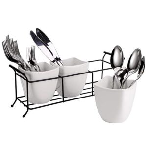 Bekith 3-Piece Ceramic Flatware Caddy with Metal Rack, Utensil Holder Silverware Caddy Cutlery Organizer, White