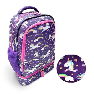 backpack with lunch box for girls, cute 15” girl backpacks and integrated lunch bag with water bottle pocket holder, insulated padded travel bags boxes for elementary school kids, purple unicorn