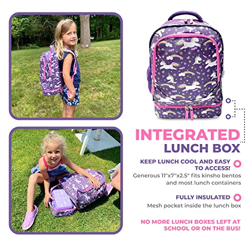 Backpack with Lunch Box for Girls, Cute 15” Girl Backpacks and Integrated Lunch Bag with Water Bottle Pocket Holder, Insulated Padded Travel Bags Boxes for Elementary School Kids, Purple Unicorn