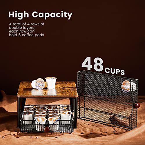 HOYRR K Cup Holder, K Cup Storage Rack, Coffee Station Coffee pods Organizer, 2-Layer Storage Drawer K Cup Holder , K Cup Holder of Wood and Iron,48 Capacity Capsule Pods Storage Organizer.