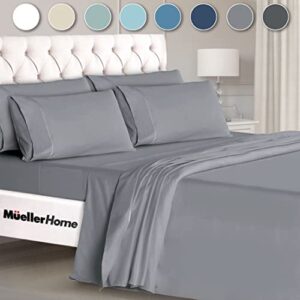 mueller ultratemp bed sheets set, super soft 1800 thread count egyptian 18-24 inch deep pocket sheets, transfers heat, breathes better, hypoallergenic, wrinkle, 6pc, light gray queen
