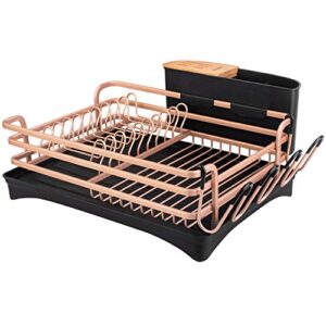 BRIAN & DANY Aluminum Dish Drainer, Dish Drying Rack with Removable Cutlery Holder & Cup Holder, Unique 360° Swivel Spout Drain Board, Golden