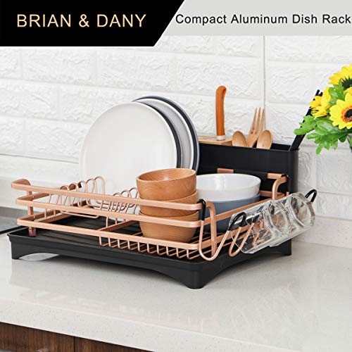 BRIAN & DANY Aluminum Dish Drainer, Dish Drying Rack with Removable Cutlery Holder & Cup Holder, Unique 360° Swivel Spout Drain Board, Golden