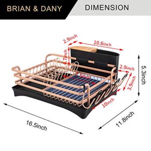 BRIAN & DANY Aluminum Dish Drainer, Dish Drying Rack with Removable Cutlery Holder & Cup Holder, Unique 360° Swivel Spout Drain Board, Golden