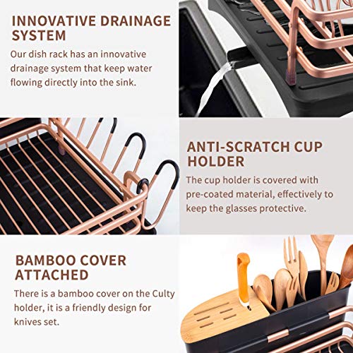 BRIAN & DANY Aluminum Dish Drainer, Dish Drying Rack with Removable Cutlery Holder & Cup Holder, Unique 360° Swivel Spout Drain Board, Golden