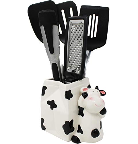 Cow Utensil Holder | Kitchen Crock Storage Gift | Kitchen Decor | Cow Print Theme La Vaca | Farmhouse Hoedown Decoration Holiday | Cute Cow Countertop Vase by Sixdrop