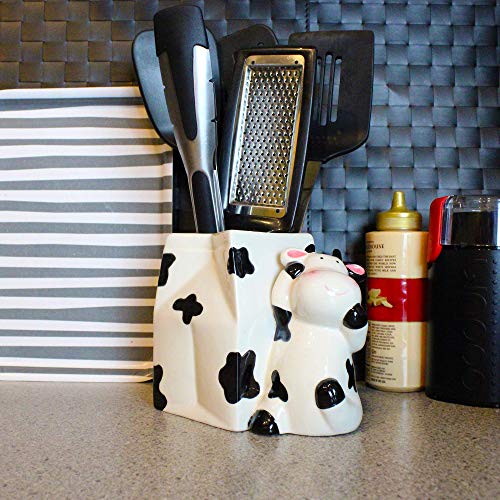 Cow Utensil Holder | Kitchen Crock Storage Gift | Kitchen Decor | Cow Print Theme La Vaca | Farmhouse Hoedown Decoration Holiday | Cute Cow Countertop Vase by Sixdrop